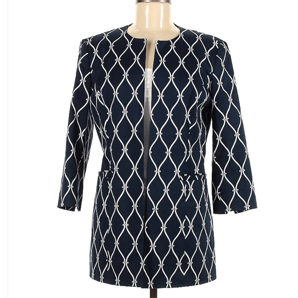 Talbots Blue and White Print Open Front Jacket Size 8
